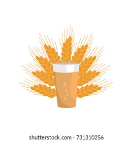 Pint of dark beer in transparent glass on background of ears of wheat vector. Light alcohol drink with bubbles, symbol of Oktoberfest festival