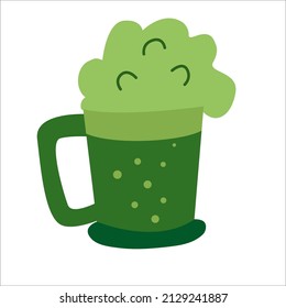 Pint of foam green beer St. Patrick's day symbol. Cartoon  vector illustration isolated on white. Great for greeting cards, pub invitations, posters.
