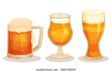 Pint and Glass Mug of Cold Beer with Foam Vector Set