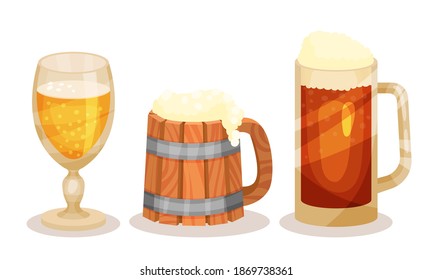 Pint and Glass Mug of Cold Beer with Foam Vector Set