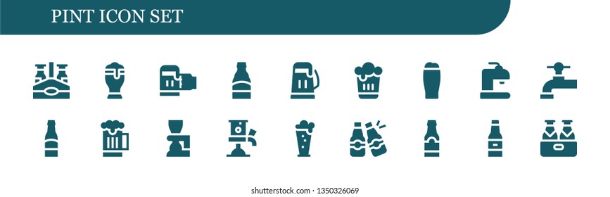 pint icon set. 18 filled pint icons.  Collection Of - Beer bottle, Beer, Beer tap, Beers
