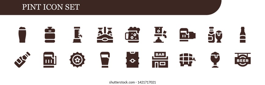 pint icon set. 18 filled pint icons.  Collection Of - Beer, Beer keg, Beer bottle, Dark tap, cap, Pub
