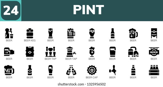 pint icon set. 24 filled pint icons.  Collection Of - Beer, Beer keg, Beer tap, cap