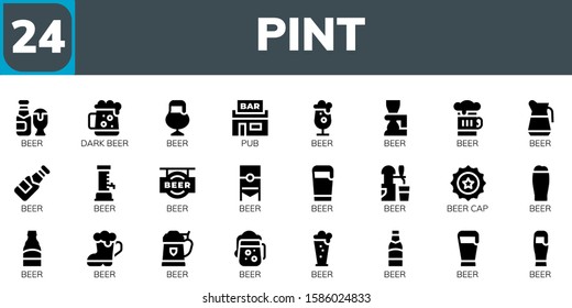 pint icon set. 24 filled pint icons.  Collection Of - Beer, Dark beer, Pub, Beer cap icons