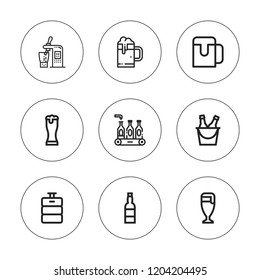 Pint icon set. collection of 9 outline pint icons with beer bottle, beer keg icons. editable icons.