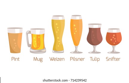 Pint and mug, weizen and pilsner, tulip and snifter, types of glasses used for beer vector illustration isolated on white background.