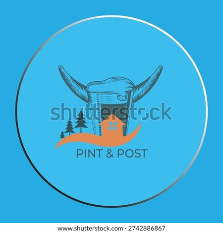 Pint and Post Logo Design with Beer Glass, Bull Horns, and House Icon on Blue Background