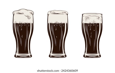 Pint Of Stout Vintage Vector Art. Black and white graphics. Isolated on white. 