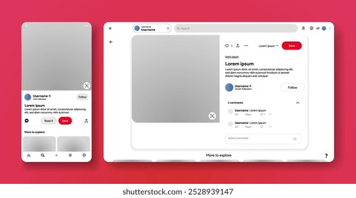 Pinterest web and mobile app interface template. Pined image. Saved photo. Social media mood board profile. Inspiration network application. Pinboard ideas. Follow button. Vector Illustration