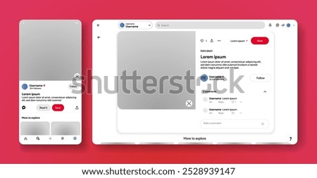 Pinterest web and mobile app interface template. Pined image. Saved photo. Social media mood board profile. Inspiration network application. Pinboard ideas. Follow button. Vector Illustration