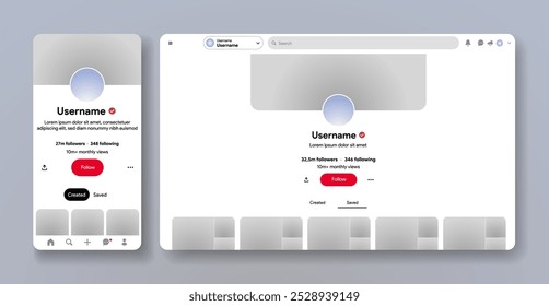 Pinterest web and mobile responsive interface template. Pined collection profile. Saved images. Save mood boards frame. Social media profile. Inspiration network. Vector Illustration