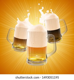 pints of beer of different varieties with splashing foam