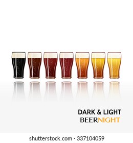 Pints of cold beer vector illustration. All kinds and colors of beer. Isolated. Dark, Amber and light. Seven realistic glasses of beer. Great design poster for bars and pubs. Cool design for pub menu.