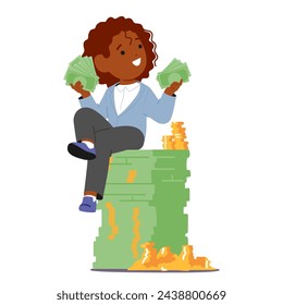 Pint-sized Tycoon Perches Atop Mountain Of Dollars, Exuding Confidence. Child Businessman Character, Fueled By Dreams, Turns Play Into Profit, Surrounded By A Pile Of Money Bills. Vector Illustration