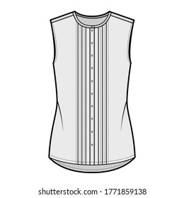 Pintucked blouse technical fashion illustration with crew neck, sleeveless, oversized body, front button fastenings. Flat apparel shirt template front, grey color. Women men unisex top CAD mockup