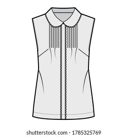 Pintucked blouse technical fashion illustration with round collar, scalloped lace, sleeveless, loose silhouette. Flat shirt apparel template front grey color. Women, men unisex top CAD mockup