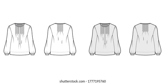 Pintucked top technical fashion illustration with oversized body, banded henley collar, long sleeves. Flat blouse apparel template front, back, white grey color. Women, men unisex shirt CAD mockup 