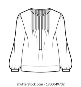 Pintucked top technical fashion illustration with oversized body, banded henley collar, long sleeves. Flat blouse apparel template front, white color. Women, men, unisex shirt CAD mockup 