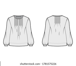 Pintucked top technical fashion illustration with oversized body, banded henley collar, long sleeves. Flat blouse apparel template front, back, grey color. Women, men unisex shirt CAD mockup 