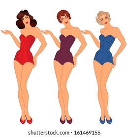 Pinup: 3 Sexy Ladies In Swimsuits. Style Of 1950s. Vector Illustration Isolated On White.