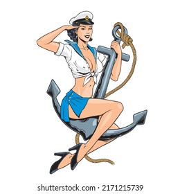 Pin-up attractive captain girl sitting on an anchor, sailor woman. Retro style poster, sign, t-shirt or tattoo design. Vector illustration.