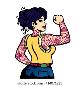 Pin-up Bad Girl With Full Sleeve Tattoo Arms Vector Illustration, Full Body Tattooed Woman Inked