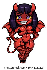 pinup beautiful imp girl devil demon with horns in black bikini smiling vector illustration