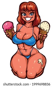 Pinup Beautiful Red-haired Girl In A Blue Bikini Holding An Ice Cream Smiling Vector Illustration