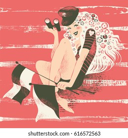 Pinup with a binoculars and flags