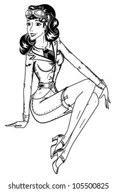 Pin Up Girl PRINT Halloween Brunette Wearing Black Stockings Garters Witch Broom