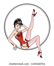Pin-up classic sexy woman in red corset and pink dotted stockings sitting in circle retro American pin up tattoo design isolated on white