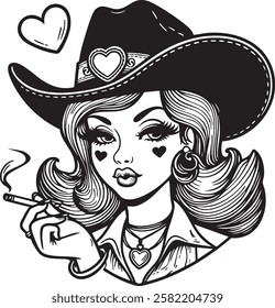 pin-up cowgirl sitting, wearing a hat, showcasing classic Western style sketch, character vector illustration. Scratch board imitation. Black and white image