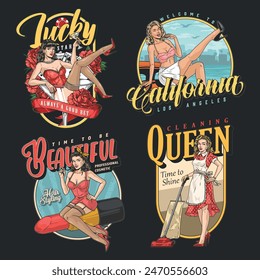 Pinup culture colorful set posters with beauties promoting beauty salon and cleaning services or Las Vegas tours vector illustration