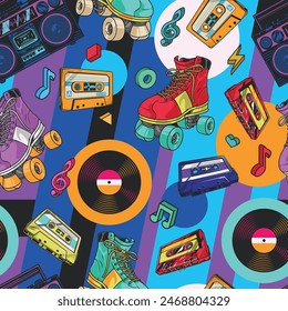 Pinup culture seamless pattern colorful with rollers and vinyl records near film cassettes for playing music vector illustration