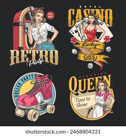 Pinup culture set stickers colorful girls advertising casinos and retro parties or cleaning services near roller party logo vector illustration