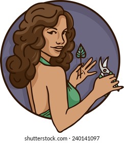 pin-up dark-skinned girl in a bikini cut leaves