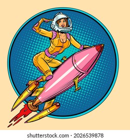 Pinup female astronaut flying on a rocket, a woman in space. Science fiction