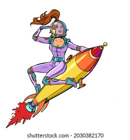 Pinup female astronaut flying on a rocket, a woman in space. Science fiction