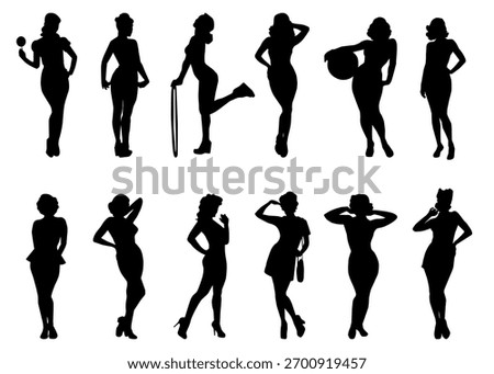 Pin-up female silhouette vector set with stylish vintage poses