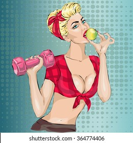 pin-up fitness woman with dumbbell and apple vector illustration