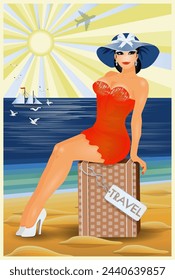 Pinup girl with bag, travel  card, vector illustration