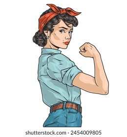 Pin-up girl colorful vintage element with strong feminist woman with red hair band showing her biceps vector illustration