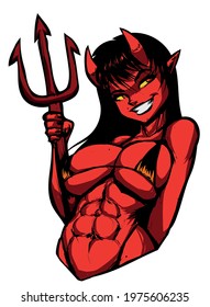 pinup girl devil in black bikini with a pitchfork