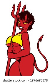 pinup girl devil with pitchfork smiles