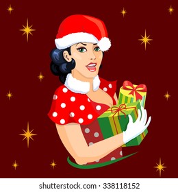 Pin-up girl dressing in a christmas style, holding presents.