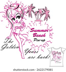 Pin-up girl with a headscarf and coconut trees in the background. Beach theme and text: Summer Beach.