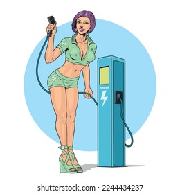 Pinup girl holding charger plug and cable at electric charging station. Girl standing near power supply for electric car. Green eco transportation technology. Comic style vector illustration.