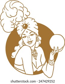 Pin-up girl with a magic ball portrait of a golden circle emblem