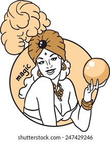 Pin-up girl with a magic orb sorceress portrait of a golden circle