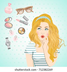 Pin-up girl with makeup and accessories. Vector illustration.